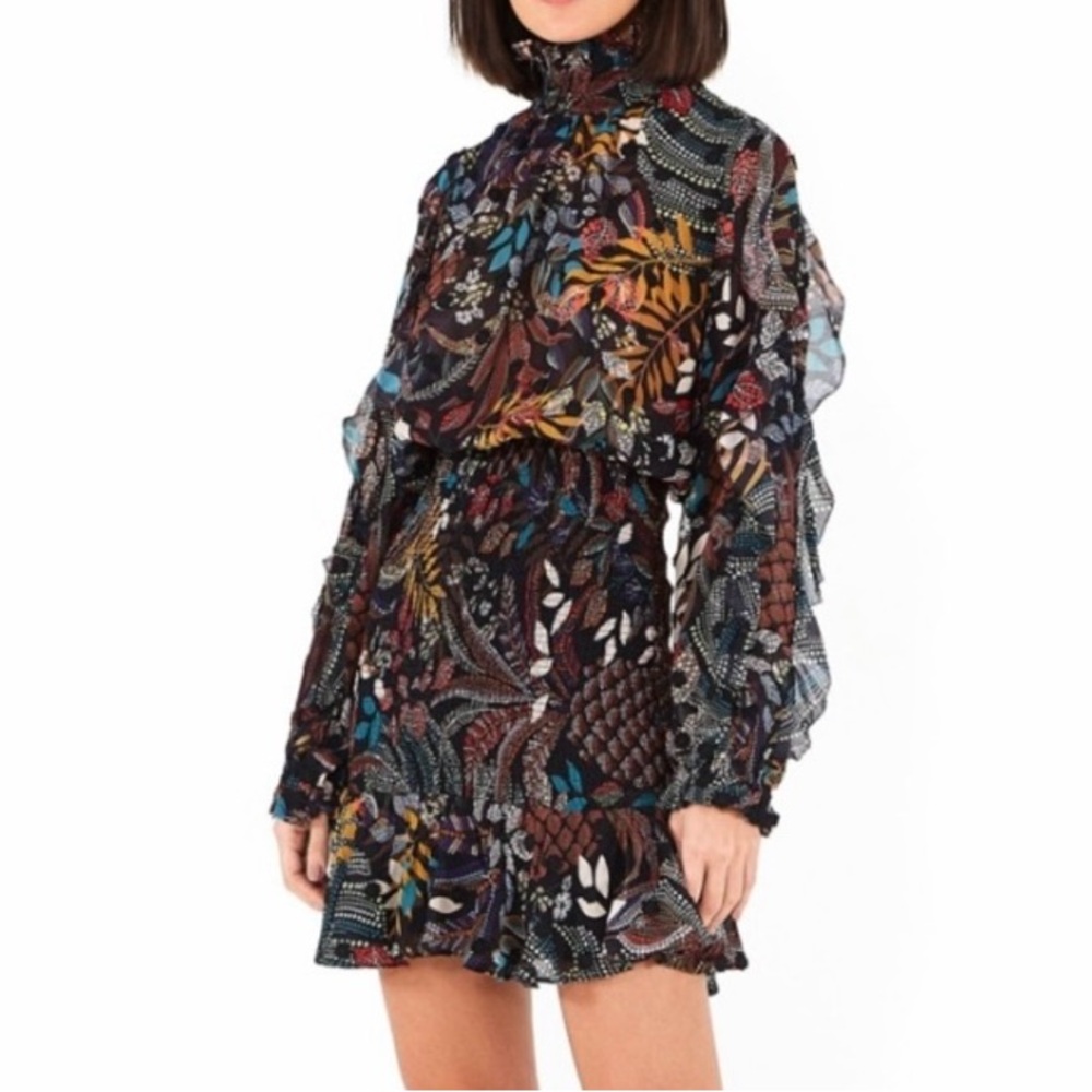 EUC FARM Rio DELICATE FOREST SMOCKED MIN DRESS IN MULTI COLOR - SIZE XL